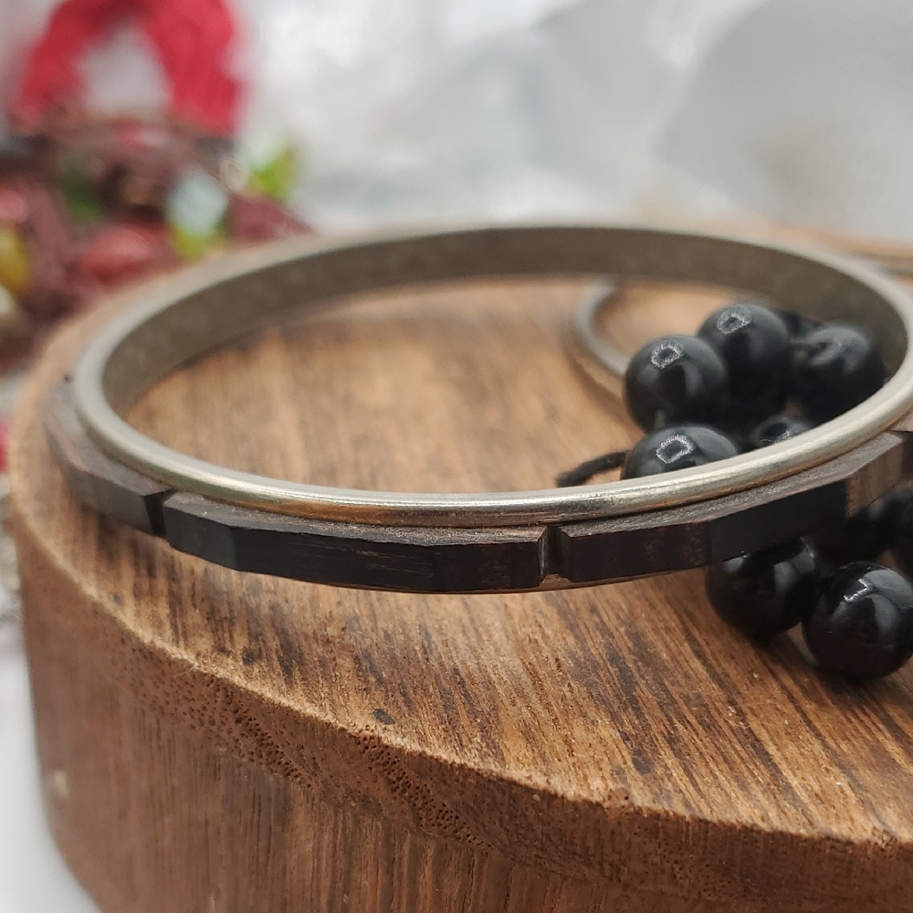 Rustic Wooden Bracelet Silver Tone Lining  B3031